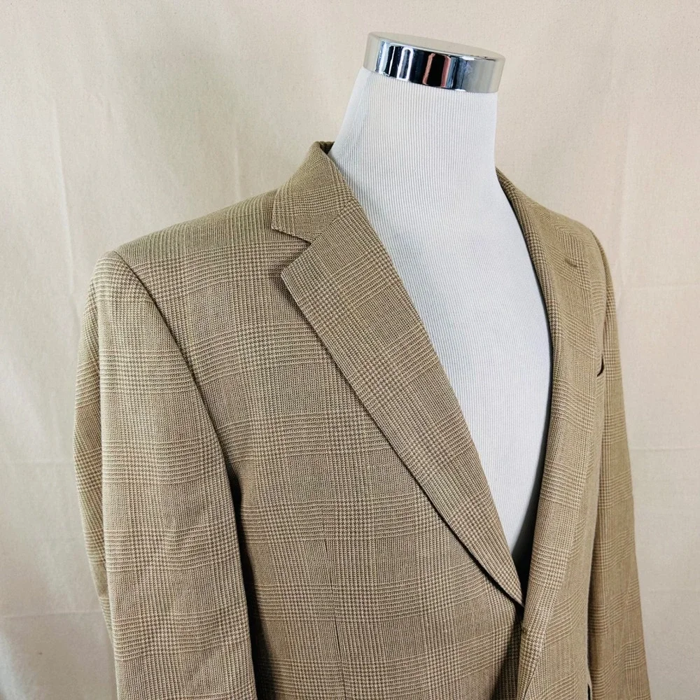 Jos. A. Bank 42S Sport Coat Silk Wool Beige Glen Plaid Two Button Lined Vented